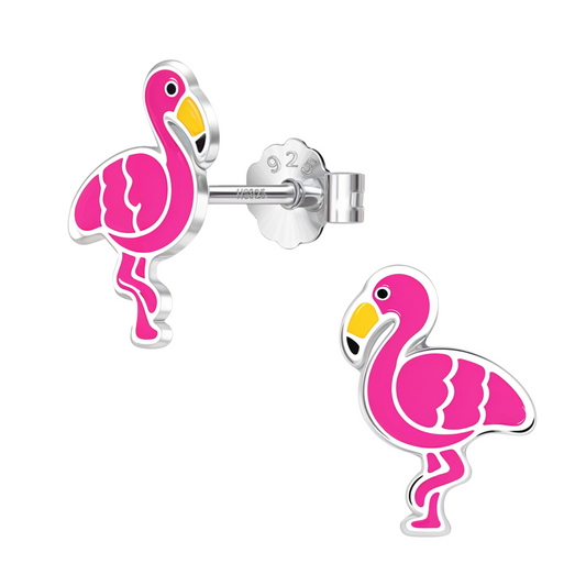 Pink Paradise Flamingo Cute Enamel Stud Earrings in 925 Sterling Silver