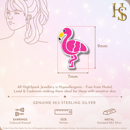 Pink Paradise Flamingo Cute Enamel Stud Earrings in 925 Sterling Silver