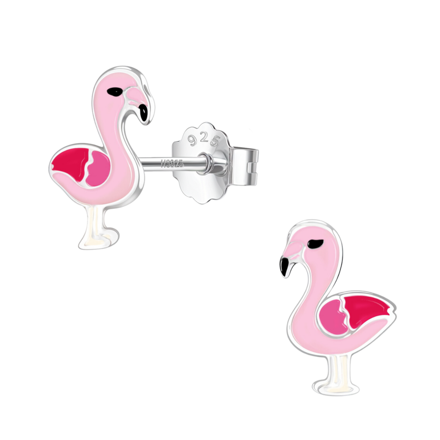 Pink Flamingo Flutter Cute Enamel Stud Earrings in 925 Sterling Silver