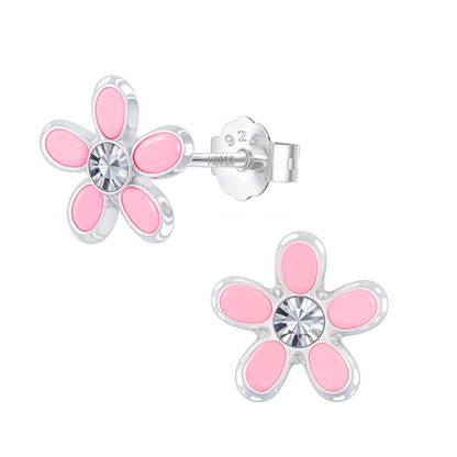 Pink Blossom Flower Cute Enamel Stud Earrings in 925 Sterling Silver