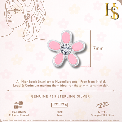 Pink Blossom Flower Cute Enamel Stud Earrings in 925 Sterling Silver