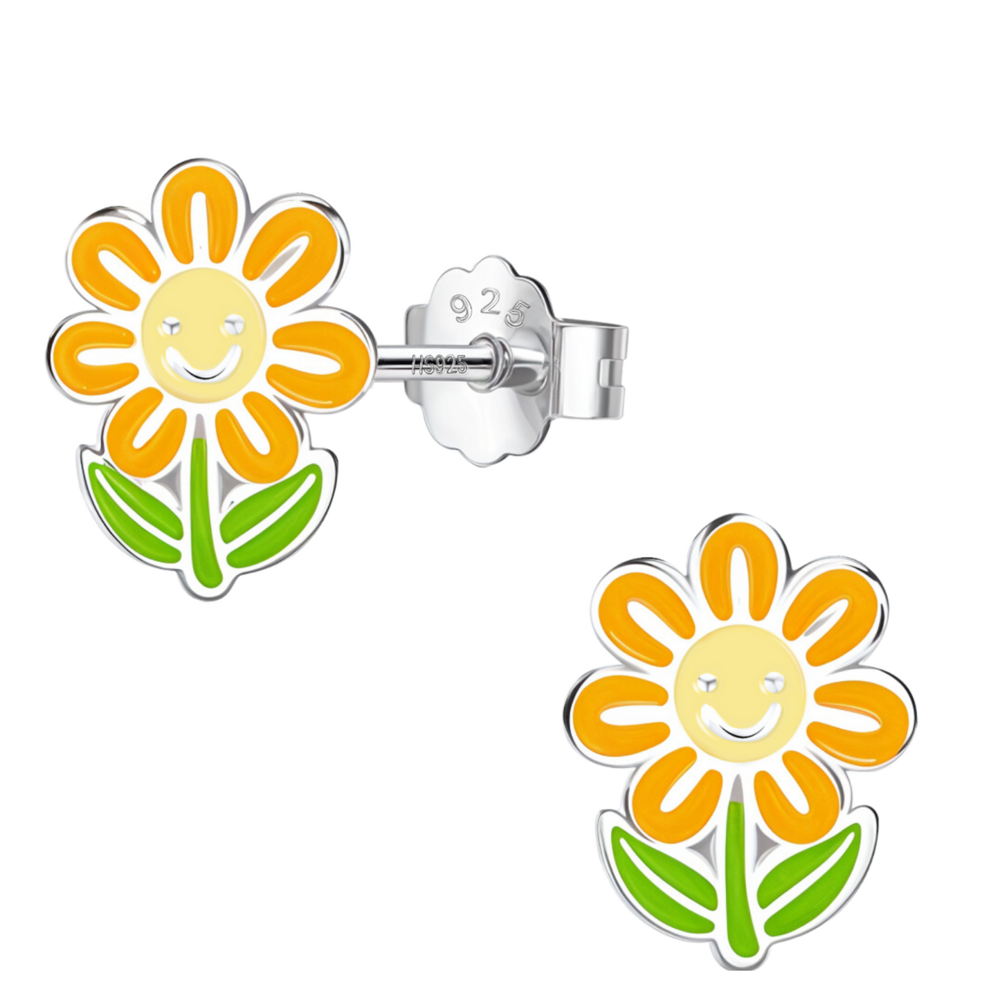 Smiling Sunflower Cute Enamel Stud Earrings in 925 Sterling Silver