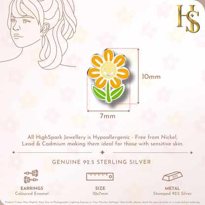 Smiling Sunflower Cute Enamel Stud Earrings in 925 Sterling Silver