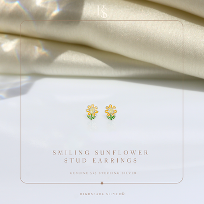 Smiling Sunflower Cute Enamel Stud Earrings in 925 Sterling Silver