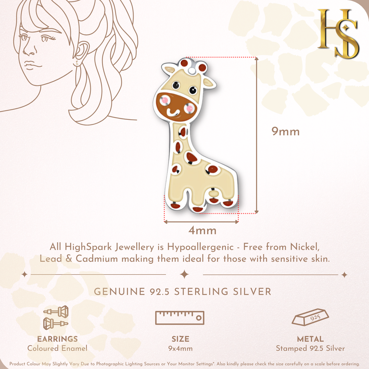 Jungle Giraffe Cute Enamel Stud Earrings in 925 Sterling Silver