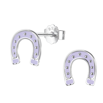 Lucky Horseshoe Cute Enamel Stud Earrings in 925 Sterling Silver