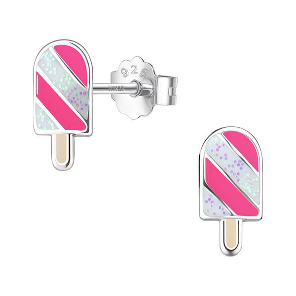 A pair of sterling silver stud earrings shaped like popsicles with pink, glittery white, and beige enamel, shown on a white background.