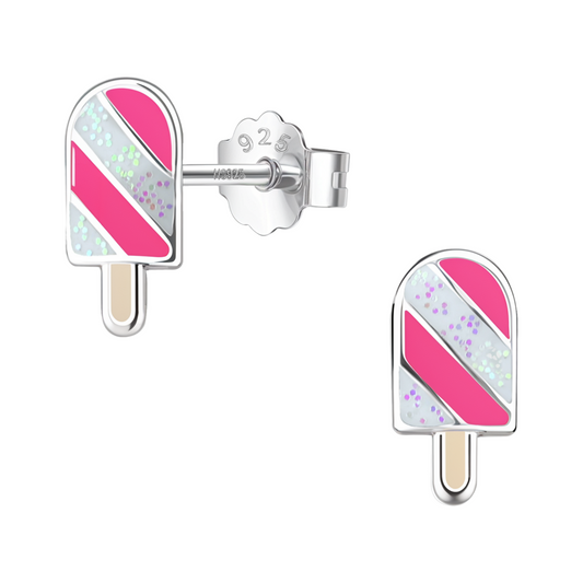 Glittery Pink Popsicle Cute Enamel Stud Earrings in 925 Sterling Silver