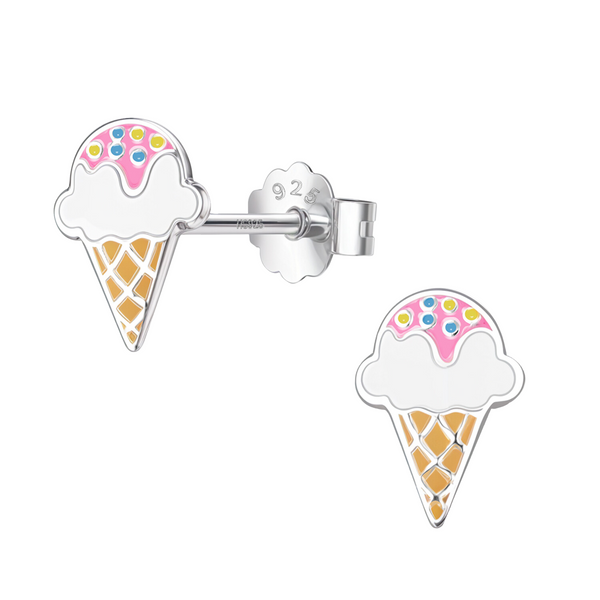 A pair of sterling silver stud earrings shaped like ice cream cones with colourful enamel details and push-back closures on a white.