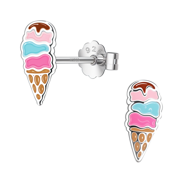 A pair of sterling silver stud earrings shaped like ice cream cones with pink, blue, and brown enamel, shown on a white background.
