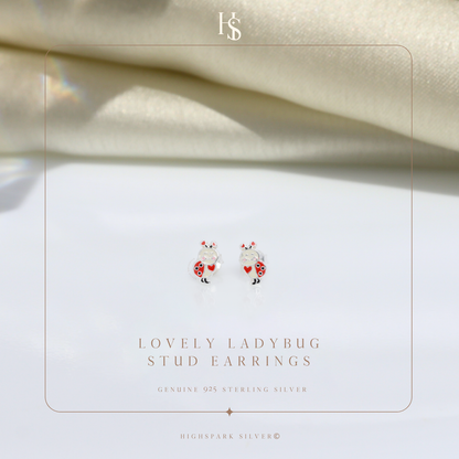 Lovely Ladybug Cute Enamel Stud Earrings in 925 Sterling Silver