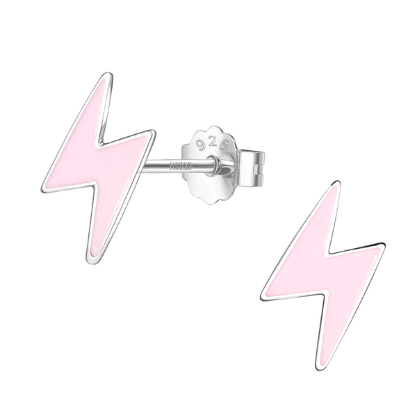 A pair of lightning bolt stud earrings with pink enamel inlay, crafted in sterling silver with push-back clasps on a white background.
