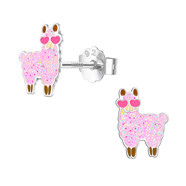 Llama-shaped stud earrings with glittery pink enamel and heart-shaped sunglasses, crafted in 925 sterling silver on a white background.
