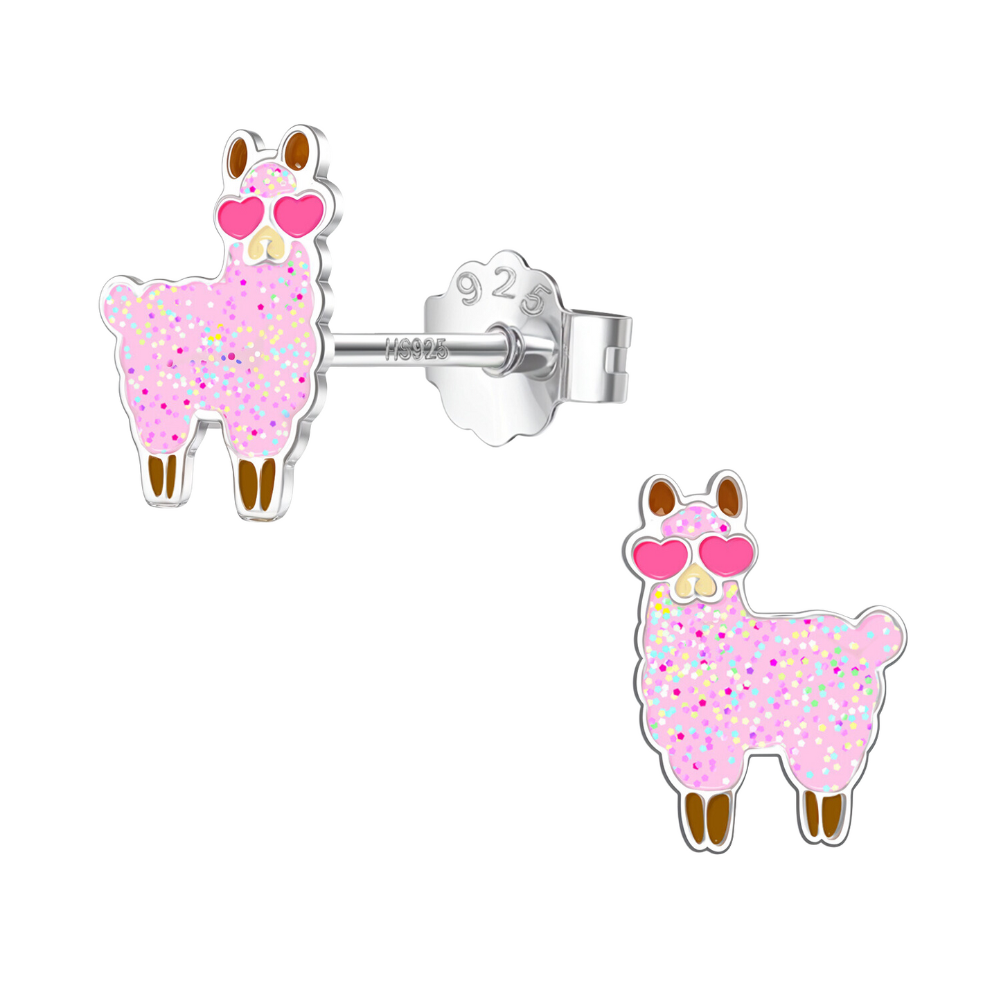 Glittery Llama Love Cute Enamel Stud Earrings in 925 Sterling Silver