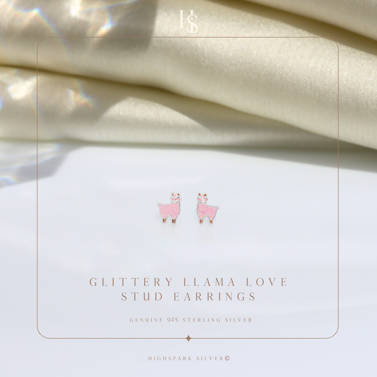 Glittery Llama Love Cute Enamel Stud Earrings in 925 Sterling Silver