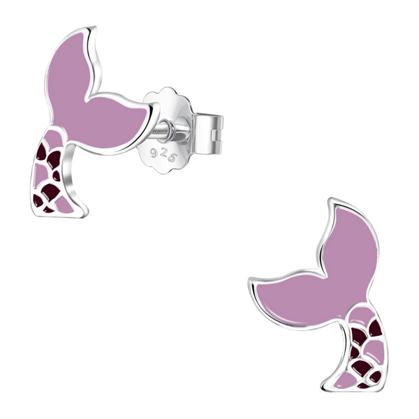 A pair of sterling silver stud earrings in the shape of a mermaid tail with lilac and purple enamel scales on a white background.