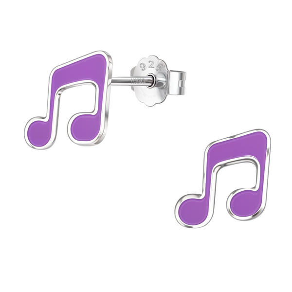 A pair of sterling silver stud earrings shaped like musical notes with purple enamel, shown on a plain white background.