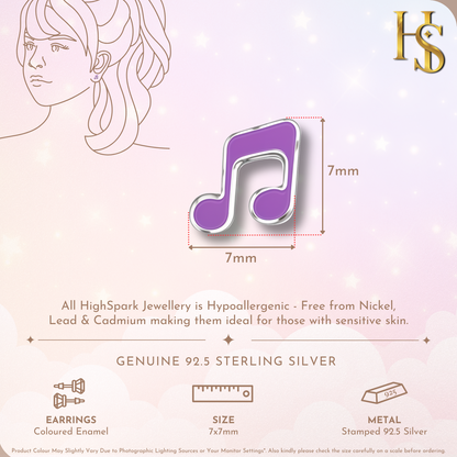 Melodious Music Note Cute Enamel Stud Earrings in 925 Sterling Silver