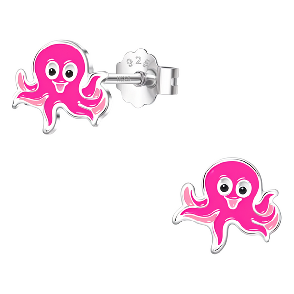 A pair of sterling silver stud earrings shaped like a smiling octopus with bright pink and light pink enamel, shown on a white background.