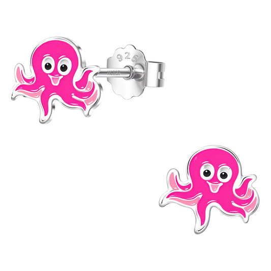 Joyful Octopus Cute Enamel Stud Earrings in 925 Sterling Silver