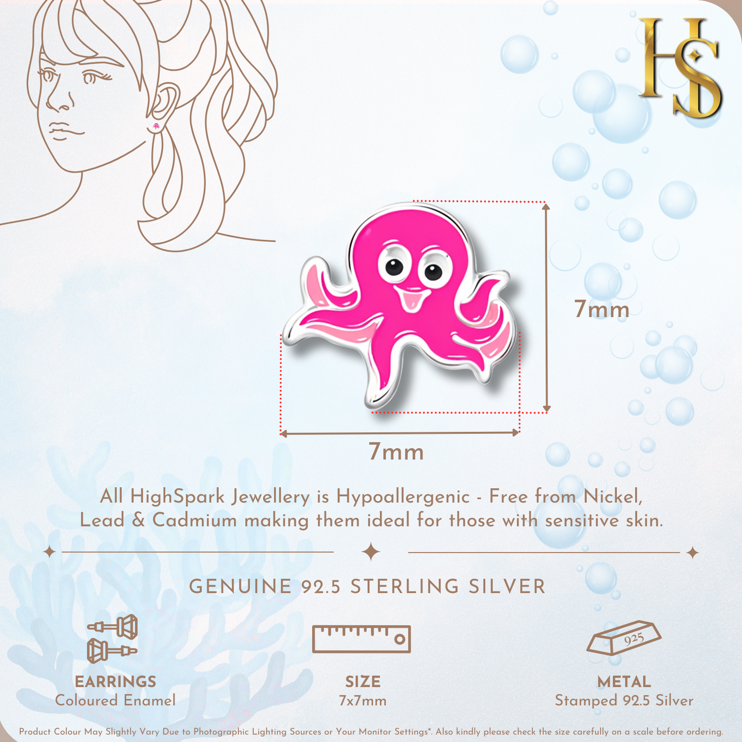 Joyful Octopus Cute Enamel Stud Earrings in 925 Sterling Silver