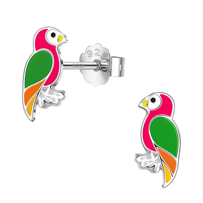 Playful Parrot Cute Enamel Stud Earrings in 925 Sterling Silver