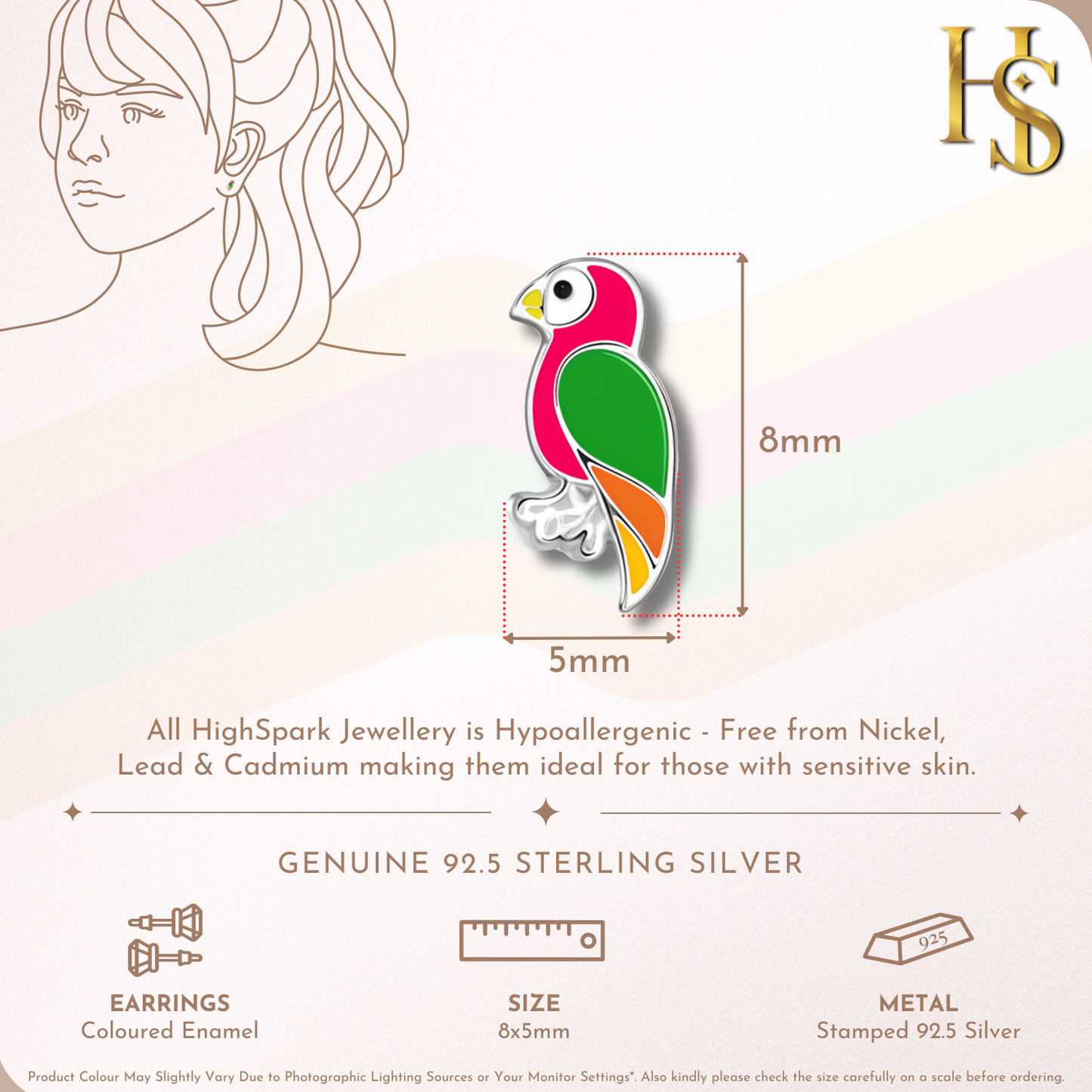 Playful Parrot Cute Enamel Stud Earrings in 925 Sterling Silver