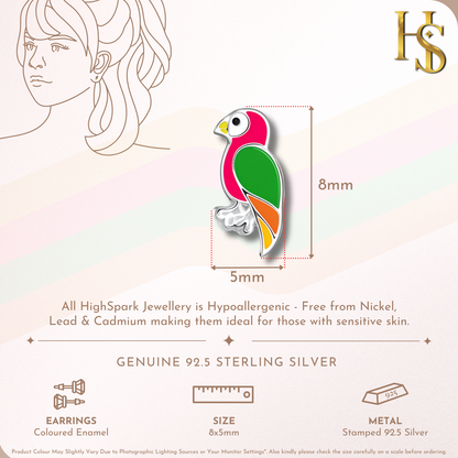 Playful Parrot Cute Enamel Stud Earrings in 925 Sterling Silver