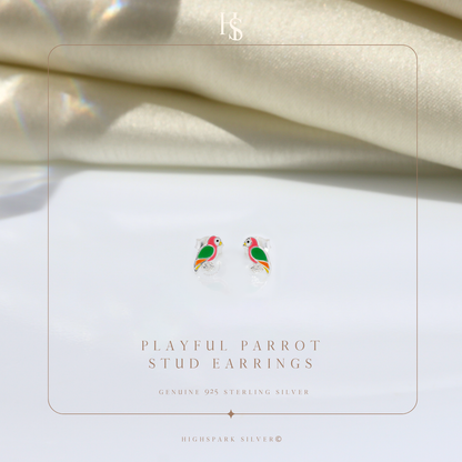 Playful Parrot Cute Enamel Stud Earrings in 925 Sterling Silver