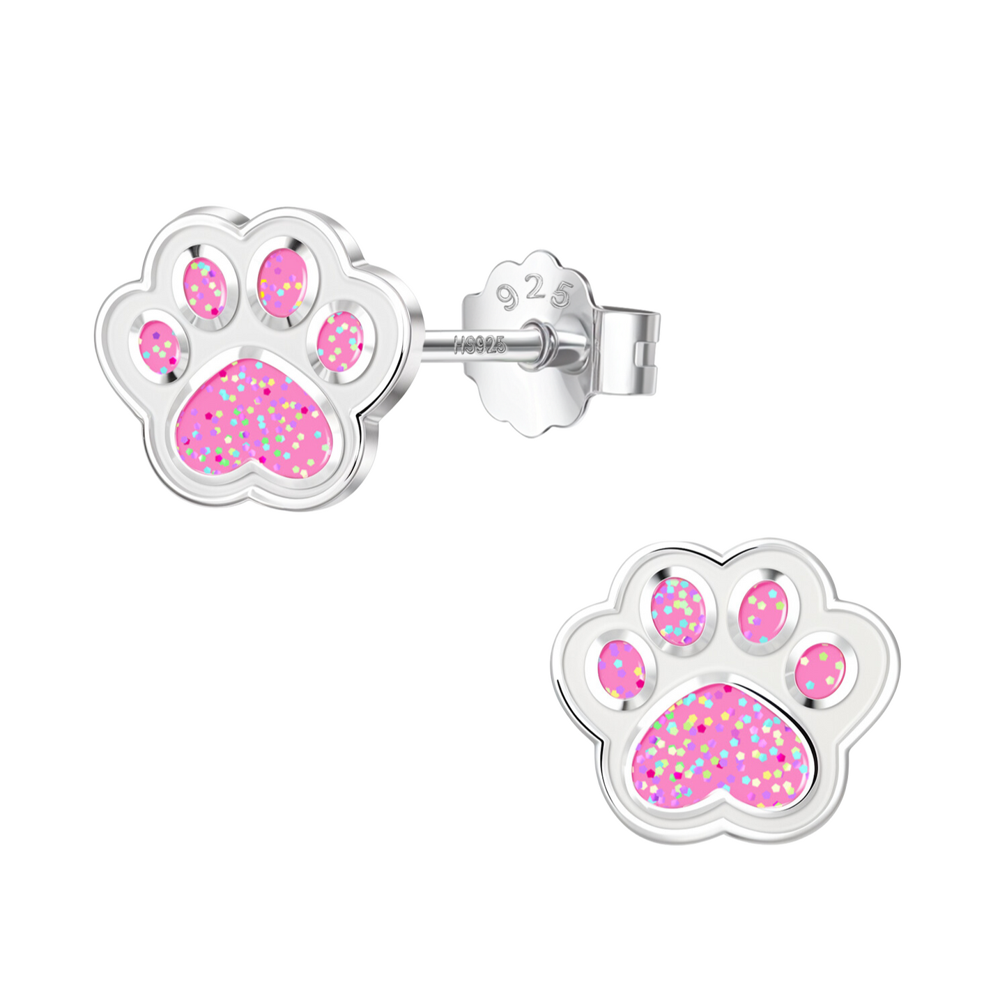 Glittery Pink Paw Cute Enamel Stud Earrings in 925 Sterling Silver