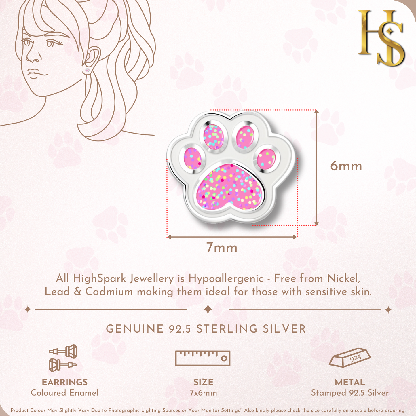 Glittery Pink Paw Cute Enamel Stud Earrings in 925 Sterling Silver