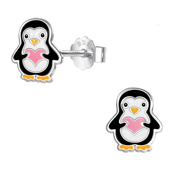 A pair of sterling silver stud earrings in the shape of a penguin with black, white, pink, and orange enamel, shown on a white background.