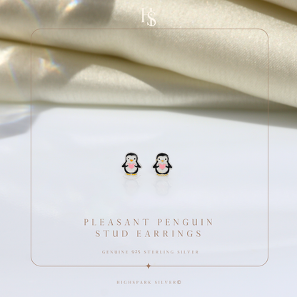 Pleasant Penguin Cute Enamel Stud Earrings in 925 Sterling Silver