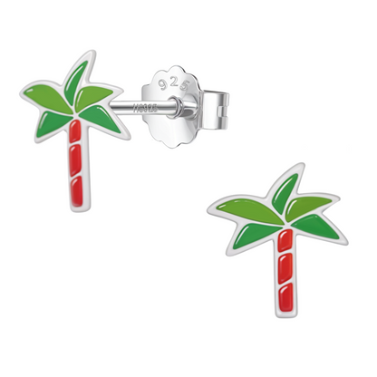 Tropical Palm Cute Enamel Stud Earrings in 925 Sterling Silver