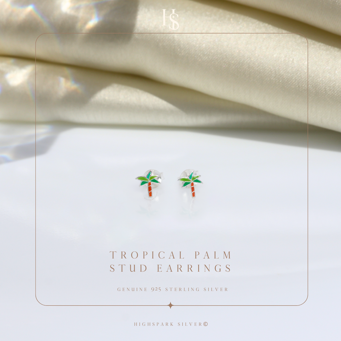 Tropical Palm Cute Enamel Stud Earrings in 925 Sterling Silver