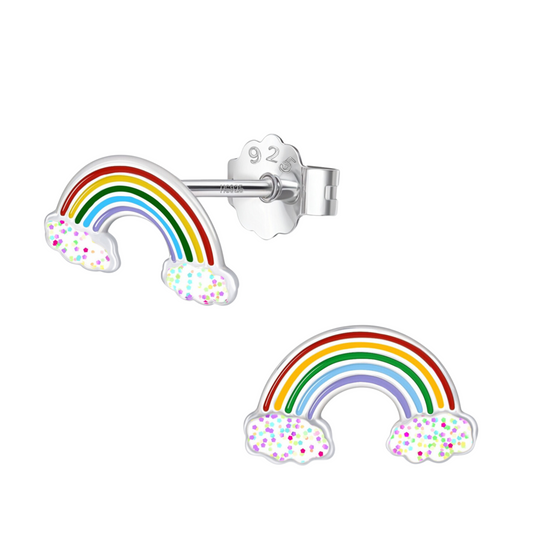 Glittery Glorious Rainbow Cute Enamel Stud Earrings in 925 Sterling Silver