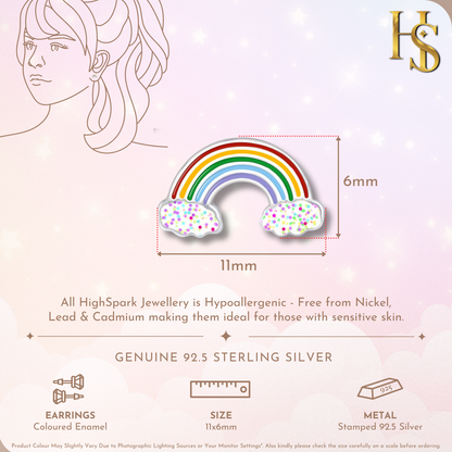 Glittery Glorious Rainbow Cute Enamel Stud Earrings in 925 Sterling Silver