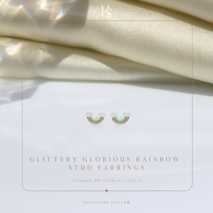 Glittery Glorious Rainbow Cute Enamel Stud Earrings in 925 Sterling Silver