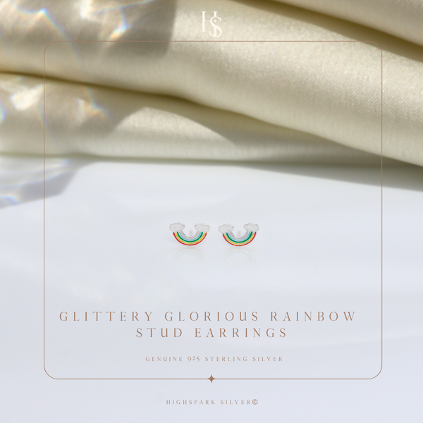 Glittery Glorious Rainbow Cute Enamel Stud Earrings in 925 Sterling Silver