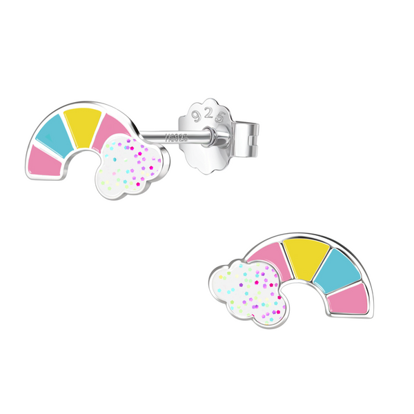 A pair of sterling silver stud earrings in a rainbow shape with pink, yellow, and blue enamel and a glittery cloud on a white background.