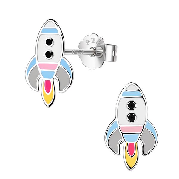 A pair of sterling silver stud earrings shaped like rocket ships with colourful enamel details and a push-back closure.