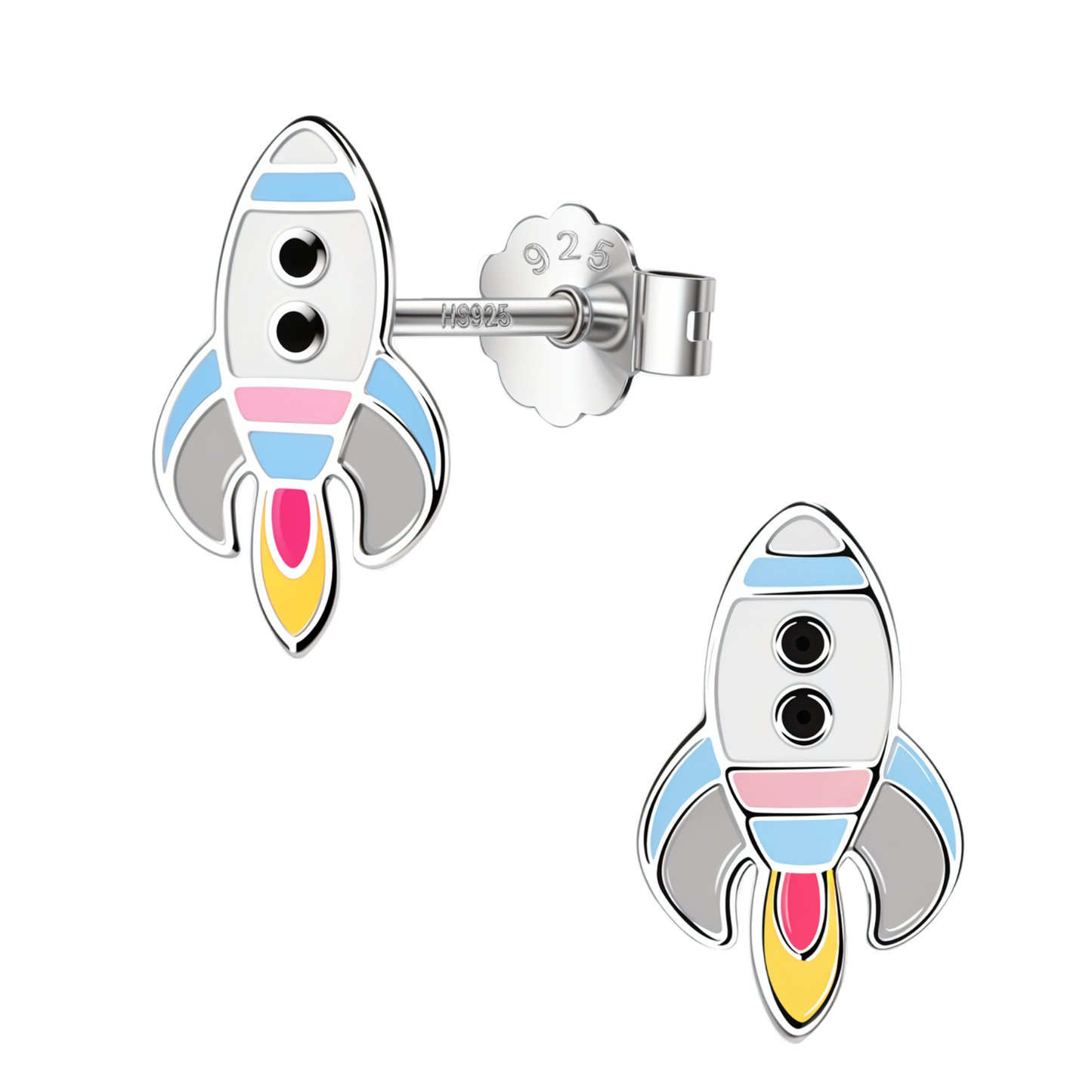 Cosmic Rocket Cute Enamel Stud Earrings in 925 Sterling Silver