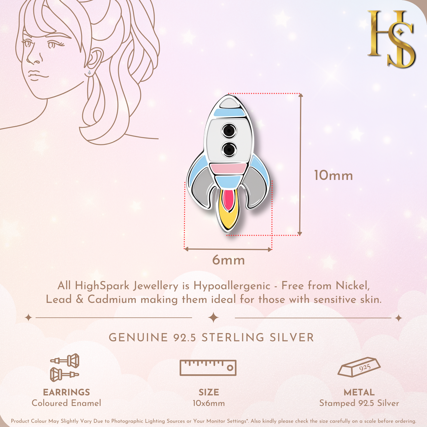 Cosmic Rocket Cute Enamel Stud Earrings in 925 Sterling Silver