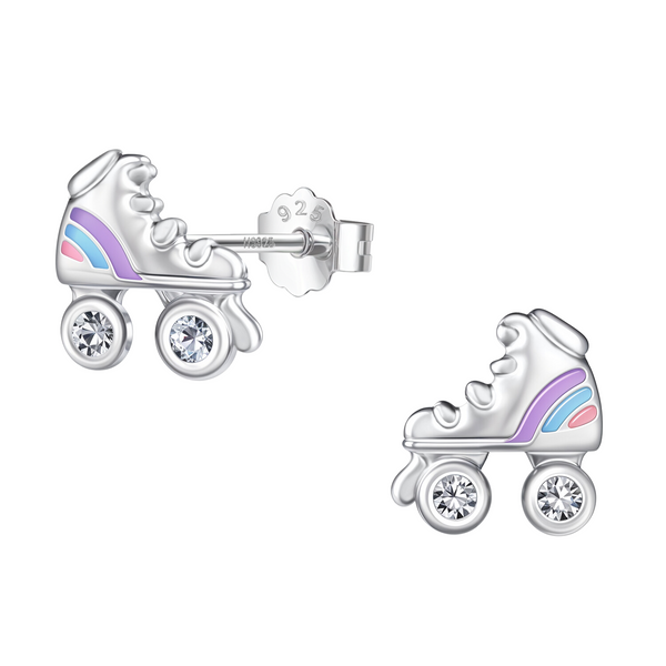 A pair of sterling silver stud earrings shaped like rollerblades with pastel enamel stripes and American diamond wheels on a white.