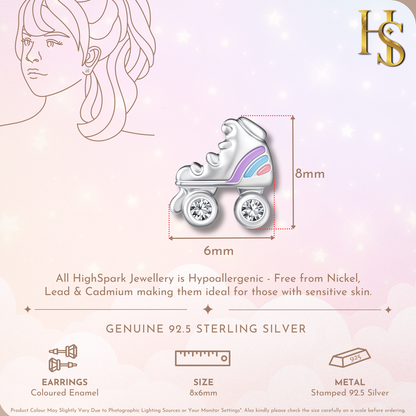 Sparkling Rollerblade Cute Enamel Stud Earrings in 925 Sterling Silver