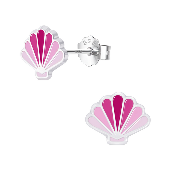 A pair of sterling silver stud earrings in a seashell shape with pink and magenta enamel detailing, shown on a white background.