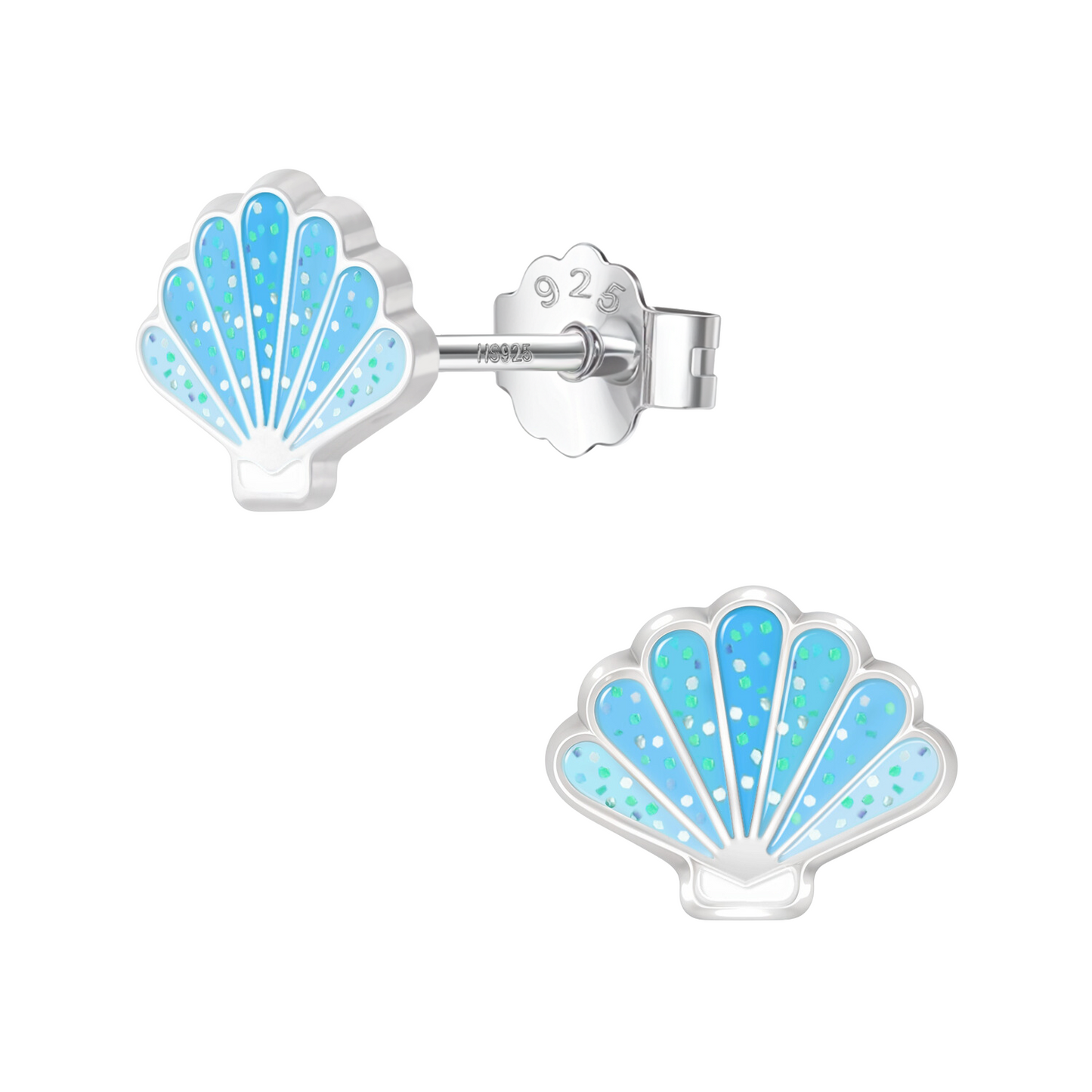 Blue Sea Shell Cute Enamel Stud Earrings in 925 Sterling Silver