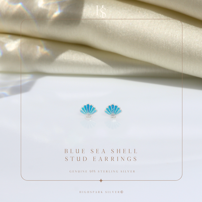 Blue Sea Shell Cute Enamel Stud Earrings in 925 Sterling Silver