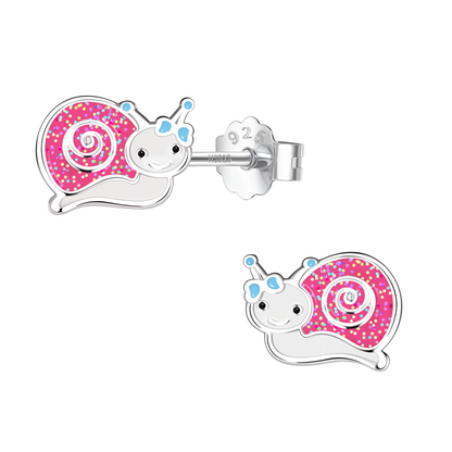 Glittery Snail Trail Cute Enamel Stud Earrings in 925 Sterling Silver