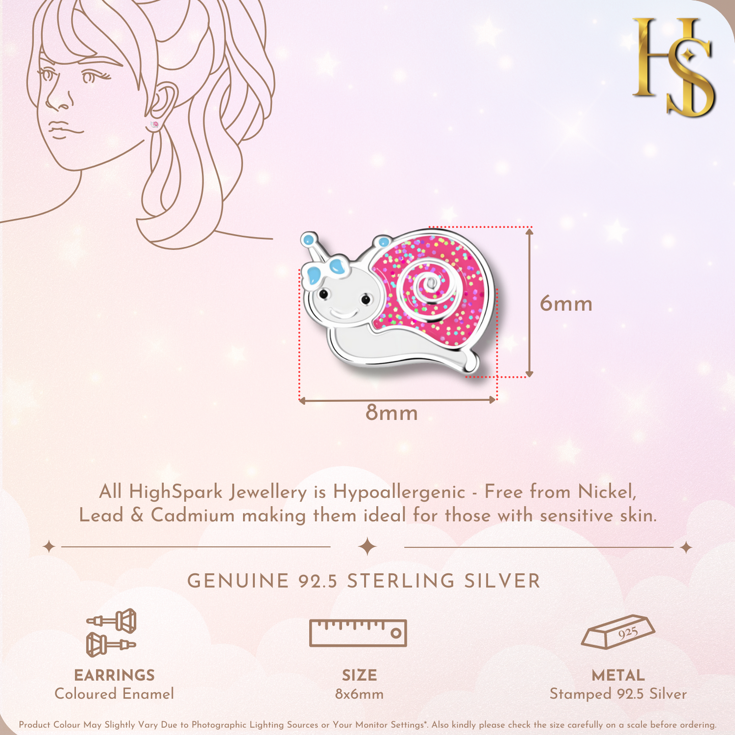 Glittery Snail Trail Cute Enamel Stud Earrings in 925 Sterling Silver